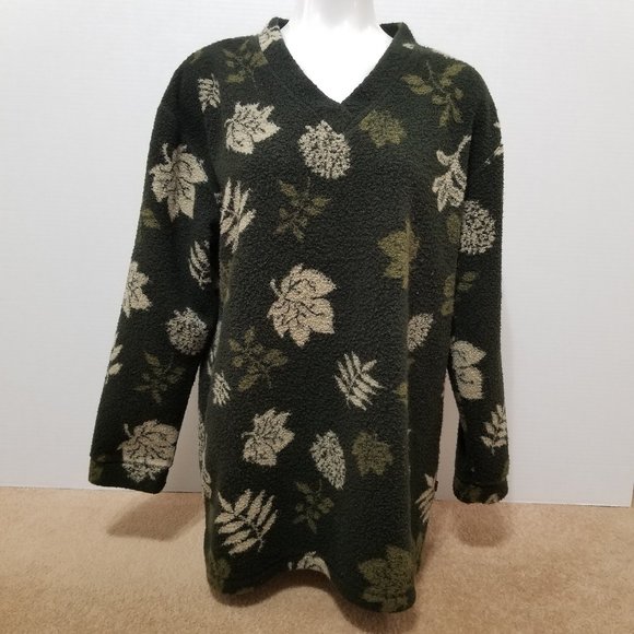 Woolrich sweater Medium fall outdoors leaf print v-neck fleece pullover VINTAGE - Picture 1 of 12